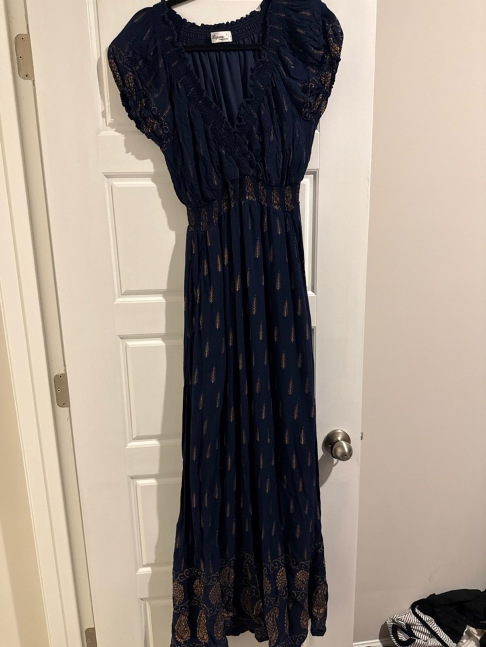Navy Blue Bohemian Maxi Dress with Metallic Accents